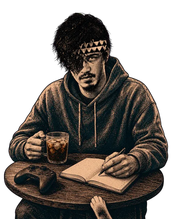 Ilustración de Chrnx escribiendo en una libreta junto a un café