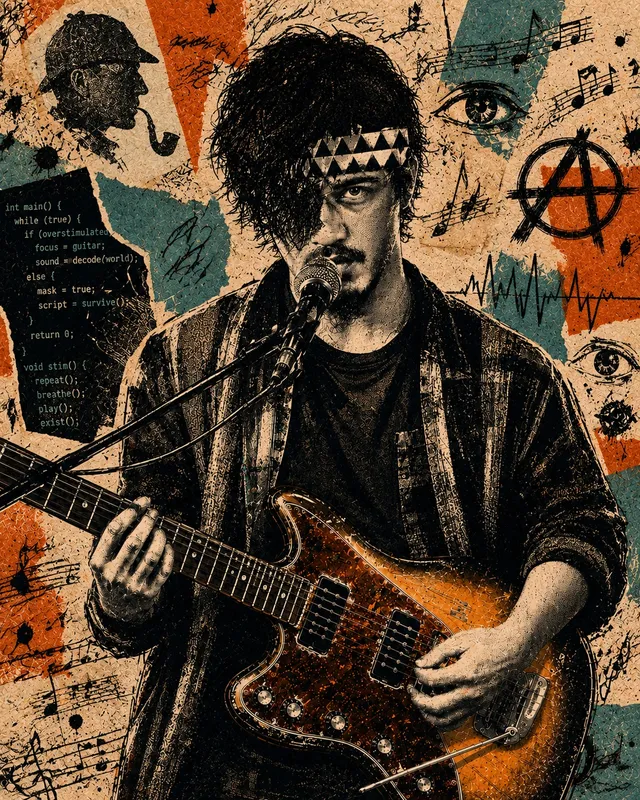 Collage de Chrnx con su guitarra, entre símbolos de música, código y anarquía